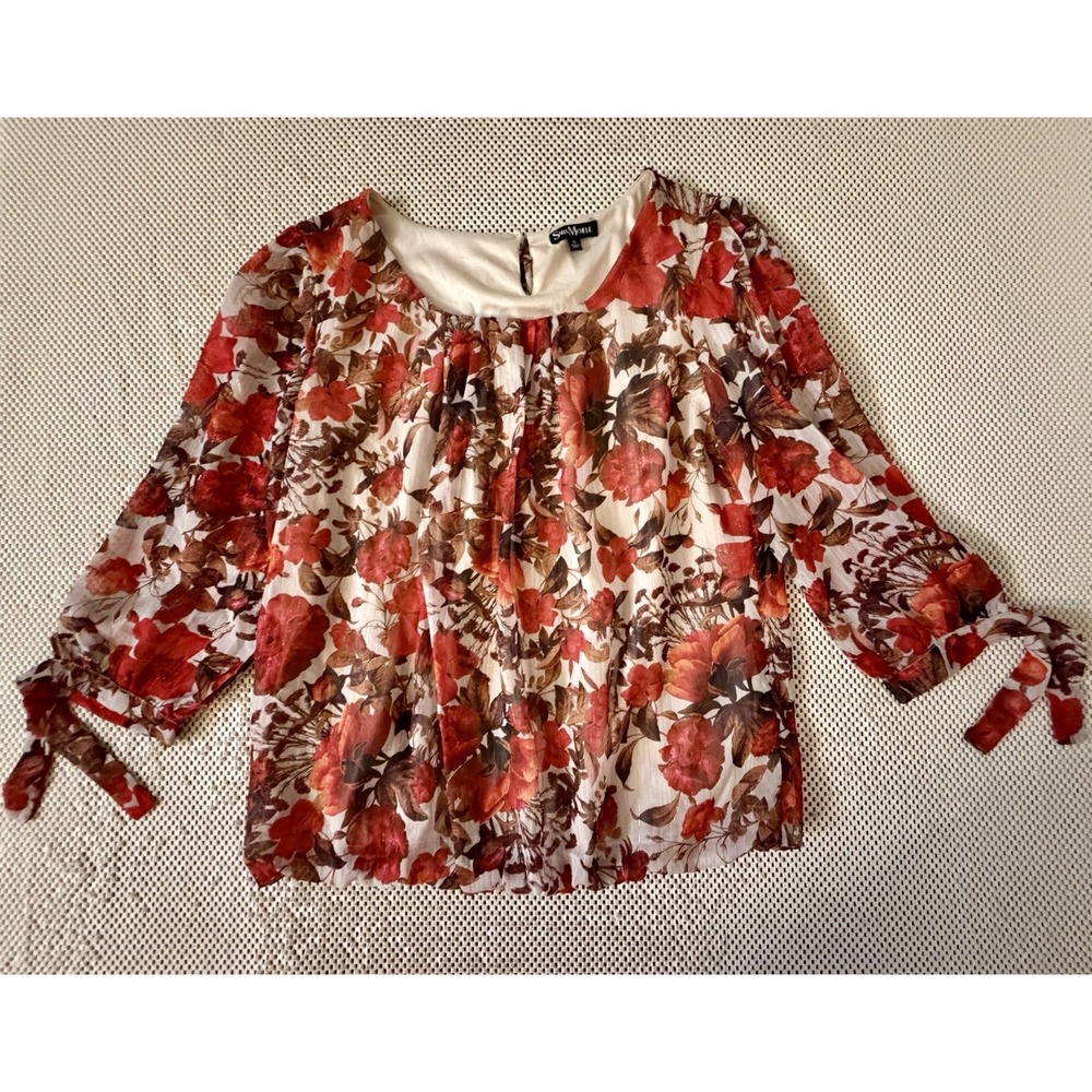 Sara Michelle Top Blouse XL/12 Pullover Bubble Hem Tie Sleeve Fall Colors Floral - Picture 7 of 11